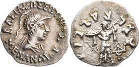 BAKTRIA, Indo-Greek Kingdom. Menander I, circa 165/55-130 BC. Drachm (Silver, 18 mm, 2.41 g, 12 h), Indian standard, uncertain mint in Paropamisadai o...
