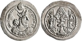 SASANIAN KINGS. Bahram V, 420-438. Drachm (Silver, 28 mm, 4.21 g, 3 h), LD mint (Ray). Draped bust of Bahram V to right, wearing elaborate crown with ...