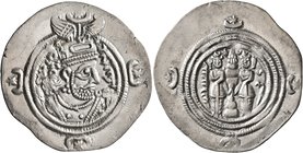 SASANIAN KINGS. Khosrau II, 591-628. Drachm (Silver, 32 mm, 4.11 g, 3 h), LD mint (Ray). Draped bust of Khosrau II to right, wearing elaborate mural c...