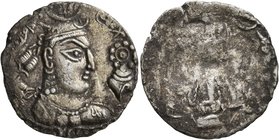 HUNNIC TRIBES, Alchon Huns. Adomano, circa 450-500. Drachm (Silver, 24 mm, 3.42 g, 3 h), Kabulistan or Gandhara. αδομανο μιιροσανοϷαο ('Adomano, King ...