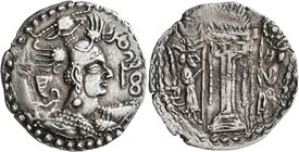 HUNNIC TRIBES, Nezak Huns. Drachm (Silver, 26 mm, 3.89 g, 3 h), š-group, early style, Ghazni, circa 550. nycky MLK - š (in Pahlawi) Bust with elongate...