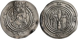 HUNNIC TRIBES, Western Turks. Zabulistan. Spur Martan Shah, circa 688-700s. Drachm (Silver, 30 mm, 3.22 g, 10 h), 'Spur Martan Shah' type, Zabulistan,...