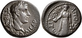 LYDIA. Apollonierum. Tiberius, 14-37. Hemiassarion (Bronze, 17 mm, 4.48 g, 12 h). TIBЄPIOC KAICAP Laureate head of Tiberius to right. Rev. AΠOΛΛω-NIЄP...