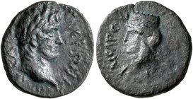 CILICIA. Anazarbus. Nero, 54-68. AE (Bronze, 15 mm, 1.99 g, 12 h), CY 86 = 67/8. NЄPON KAICAP Laureate head of Nero to right; on cheek, countermark: m...