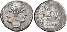 Anonymous, circa 225-214 BC. Quadrigatus - Didrachm (Silver, 22 mm, 6.41 g, 6 h), Rome. Laureate head of Janus. Rev. ROMA (in relief within linear fra...
