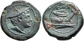 Anonymous, circa 217-215 BC. Semuncia (Bronze, 17 mm, 4.10 g, 6 h), Rome. Head of Mercury to right, wearing winged petasus. Rev. ROMA Prow of galley t...