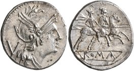 Anonymous, circa 211-208 BC. Quinarius (Silver, 15 mm, 2.20 g, 7 h), uncertain mint. Head of Roma to right, wearing crested and winged helmet; behind,...