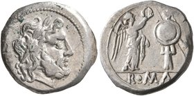 Anonymous, circa 211-208 BC. Victoriatus (Silver, 16 mm, 3.25 g, 7 h), uncertain mint in Sicily. Laureate head of Jupiter to right. Rev. ROMA Victory ...