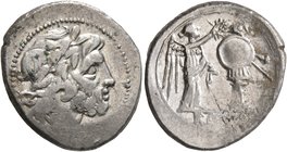 Anonymous, circa 211-208 BC. Victoriatus (Silver, 19 mm, 3.25 g, 12 h), uncertain mint in Sicily. Laureate head of Jupiter to right. Rev. ROMA Victory...