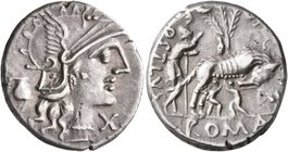Sex. Pompeius Fostlus, 137 BC. Denarius (Silver, 19 mm, 3.99 g, 7 h), Rome. Head of Roma to right, wearing winged helmet; behind, jug; before, X (mark...