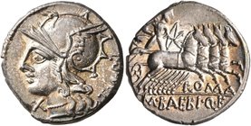 M. Baebius Q.f. Tampilus, 137 BC. Denarius (Silver, 19 mm, 4.00 g, 6 h), Rome. TAMPIL Head of Roma to left, wearing winged helmet; before, X (mark of ...