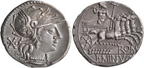 L. Minucius, 133 BC. Denarius (Silver, 20 mm, 3.85 g, 6 h), Rome. Head of Roma to right, wearing winged helmet; behind, star (mark of value). Rev. ROM...