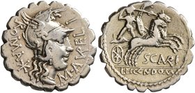 M. Aurelius Scaurus, 118 BC. Denarius (Silver, 20 mm, 3.87 g, 7 h), Rome. ROMA M•AVRELI Head of Roma, wearing winged helmet, to right; behind, star (m...