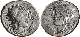 Q. Curtius, 116-115 BC. Denarius (Silver, 20 mm, 3.76 g, 12 h), with M. Silanus, brockage mint error, Rome. Q•CVRT Head of Roma to right, wearing wing...