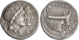 Mn. Fonteius, 108-107 BC. Denarius (Silver, 19 mm, 3.76 g, 4 h), Rome. Jugate, laureate heads of Dioscuri to right; below their chins, star (mark of v...