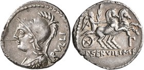 P. Servilius M.f. Rullus, 100 BC. Denarius (Silver, 20 mm, 3.90 g, 7 h), Rome. RVLLI Helmeted bust of Minerva to left. Rev. P•SERVILI•M•F Victory driv...