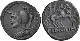 P. Servilius M.f. Rullus, 100 BC. Denarius (Silver, 20 mm, 4.00 g, 8 h), Rome. RVLLI Helmeted bust of Minerva to left. Rev. P•SERVILI•M•F Victory driv...