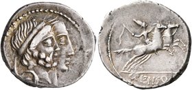 C. Censorinus, 88 BC. Denarius (Silver, 18 mm, 3.64 g, 11 h), Rome. Jugate heads of Numa Pompilius, bearded, and Ancus Marcius, beardless, to right. R...