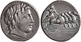 Anonymous, 86 BC. Denarius (Silver, 18 mm, 3.86 g, 1 h), Rome. Laureate head of Apollo to right; below neck truncation, thunderbolt. Rev. Jupiter in f...
