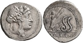M. Volteius M.f, 78 BC. Denarius (Silver, 19 mm, 3.16 g, 4 h), Rome. Head of Liber to right, wearing wreath of ivy and fruit. Rev. [M•]VOLTEI•M•F Cere...