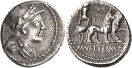 M. Volteius M.f, 78 BC. Denarius (Silver, 18 mm, 4.00 g, 7 h), Rome. Laureate, helmeted, and draped male bust to right; in field to left, control mark...