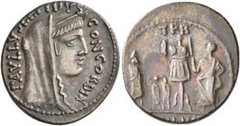L. Aemilius Lepidus Paullus, 62 BC. Denarius (Silver, 19 mm, 4.00 g, 5 h), Rome. PAVLLVS LEPIDVS CONCORDIA Veiled and diademed head of Concordia to ri...