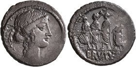 Q. Servilius Caepio Brutus (M. Junius Brutus), 54 BC. Denarius (Silver, 20 mm, 3.87 g, 4 h), Rome. L[IBERTAS] Head of Libertas to right, wearing tripl...