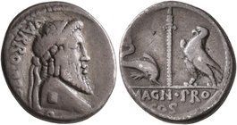 Cnaeus Pompeius Magnus (Pompey the Great). Denarius (Silver, 18 mm, 4.00 g, 2 h), with Varro, proquaestor. Military mint moving with Pompey in Greece,...
