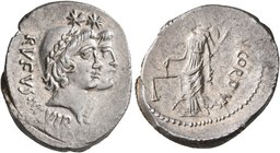 Mn. Cordius Rufus, 46 BC. Denarius (Silver, 20 mm, 4.00 g, 6 h), Rome. RVFVS•III VIR Jugate heads of the Dioscuri to right, wearing laureate pilei sur...