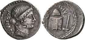 T. Carisius, 46 BC. Denarius (Silver, 18 mm, 3.64 g, 6 h), Rome. MONETA Draped bust of Juno Moneta to right, wearing pendant earring and necklace. Rev...