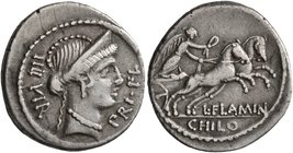 L. Flaminius Chilo, 43 BC. Denarius (Silver, 19 mm, 3.24 g, 1 h), Rome. IIII VIR PRI•FL Diademed head of Venus to right. Rev. L•FLAMIN / CHILO Victory...