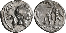 Sextus Pompey, † 35 BC. Denarius (Silver, 18 mm, 3.60 g, 12 h), military mint in Sicily, 37-36. MAG•PV[S IMP ITER] Bare head of Cn. Pompeius Magnus to...
