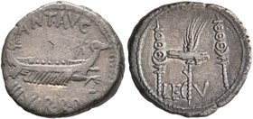 Mark Antony, 44-30 BC. Denarius (Silver, 18 mm, 3.56 g, 6 h), military mint moving with Mark Antony (Patrae?), 32-31. ANT•AVG III VIR R•P C Galley rig...