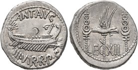 Mark Antony, 44-30 BC. Denarius (Silver, 17 mm, 3.69 g, 7 h), military mint moving with Mark Antony (Patrae?), 32-31 BC. ANT•AVG III•VIR R•P•C Galley ...