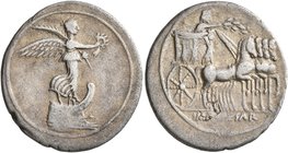 Octavian, 44-27 BC. Denarius (Silver, 21 mm, 3.45 g, 12 h), uncertain mint in Italy (Rome?), 29-27 BC. Victory standing right on prow, holding wreath ...