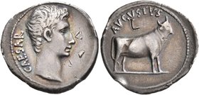 Augustus, 27 BC-AD 14. Denarius (Silver, 20 mm, 3.50 g, 1 h), Pergamum, circa 21-20 BC. CAESAR Bare head of Augustus to right. Rev. AVGVSTVS Bull stan...