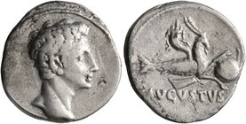 Augustus, 27 BC-AD 14. Denarius (Silver, 18 mm, 3.16 g, 7 h), uncertain Spanish mint (Colonia Patricia?), circa 18-17/16 BC. Bare head of Augustus to ...