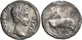 Augustus, 27 BC-AD 14. Denarius (Silver, 20 mm, 3.08 g, 7 h), Lugdunum, 15-13 BC. AVGVSTVS DIVI•F Bare head of Augustus to right. Rev. IMP•X Bull butt...