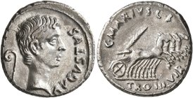Augustus, 27 BC-AD 14. Denarius (Silver, 19 mm, 3.47 g, 11 h), C. Marius C F Tro, moneyer, Rome, 13 BC. AVGVSTVS Bare head of Augustus to right; behin...