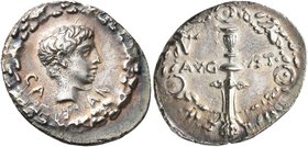 Augustus, 27 BC-AD 14. Denarius (Silver, 22 mm, 3.52 g, 6 h), uncertain eastern mint (in Pannonia?), circa 12 BC. CA-ES-AR Youthful bare head of Augus...