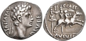 Augustus, 27 BC-AD 14. Denarius (Silver, 18 mm, 3.07 g, 2 h), Lugdunum, 8-7 BC. DIVI•F AVGVSTVS Laureate head of Augustus to right. Rev. C•CAES / AVGV...