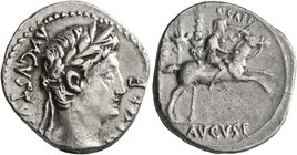 Augustus, 27 BC-AD 14. Denarius (Silver, 19 mm, 3.73 g, 7 h), Lugdunum, 8-7 BC. DIVI•F AVGVSTVS Laureate head of Augustus to right. Rev. C•CAES / AVGV...