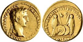 Augustus, 27 BC-AD 14. Aureus (Gold, 19 mm, 7.87 g, 10 h), Lugdunum, 2 BC-AD 4. CAESAR AVGVSTVS DIVI F PATER PATRIAE Laureate head of Augustus to righ...