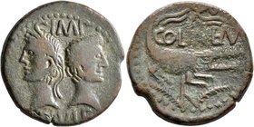 Augustus, with Agrippa, 27 BC-AD 14. As (Bronze, 25 mm, 10.35 g, 2 h), Nemausus, circa 16-10 BC. IMP / DIVI F Heads of Agrippa, on the left, wearing r...