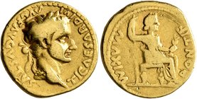 Tiberius, 14-37. Aureus (Gold, 18 mm, 7.33 g, 4 h), Lugdunum, late 20s-early 30s. TI CAESAR DIVI AVG F AVGVSTVS Laureate head of Tiberius to right. Re...