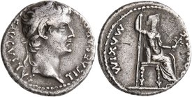 Tiberius, AD 14-37. Denarius (Silver, 18 mm, 3.53 g, 12 h), Lugdunum. TI CAESAR DIVI AVG F AVGVSTVS Laureate head of Tiberius right. Rev. PONTIF MAXIM...