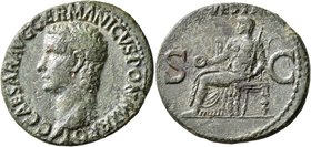 Gaius (Caligula), 37-41. As (Copper, 28 mm, 10.29 g, 7 h), Rome. C CAESAR AVG GERMANICVS PON M TR POT Bare head of Gaius to left. Rev. VESTA / S - C V...