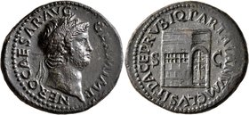 Nero, 54-68. As (Copper, 30 mm, 11.36 g, 7 h), Rome, 65. NERO•CAESAR•AVG•GERM IMP• Laureate head of Nero to right. Rev. PACE P•R•VBIQ PARTA IANVM•CLVS...