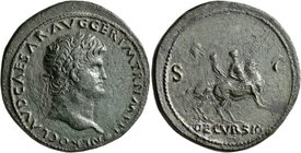 Nero, AD 54-68. Sestertius (Orichalcum, 37 mm, 26.62 g, 7 h), Lugdunum, circa 65. NERO CLAVD CAESAR•AVG GER P M TR P IMP P P Laureate head of Nero to ...