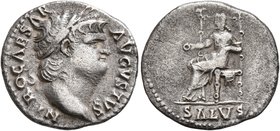 Nero, 54-68. Denarius (Silver, 18 mm, 3.16 g, 6 h), Rome, 65-66. NERO CAESAR AVGVSTVS Laureate head of Nero to right. Rev. SALVS Salus seated left on ...